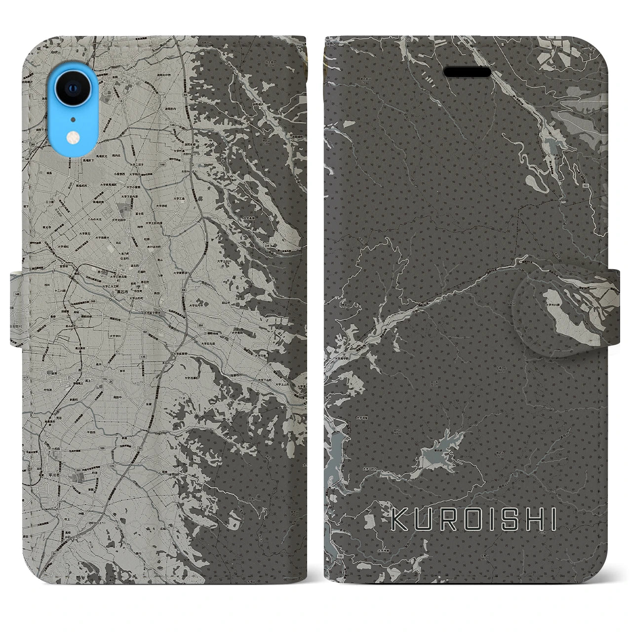 【黒石】地図柄iPhoneケース（手帳両面タイプ・モノトーン）iPhone XR 用