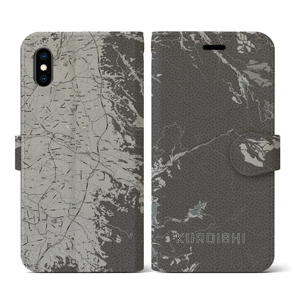 【黒石（青森県）】地図柄iPhoneケース（手帳タイプ）モノトーン・iPhone XS / X 用