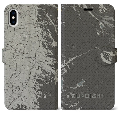 【黒石（青森県）】地図柄iPhoneケース（手帳タイプ）モノトーン・iPhone XS Max 用