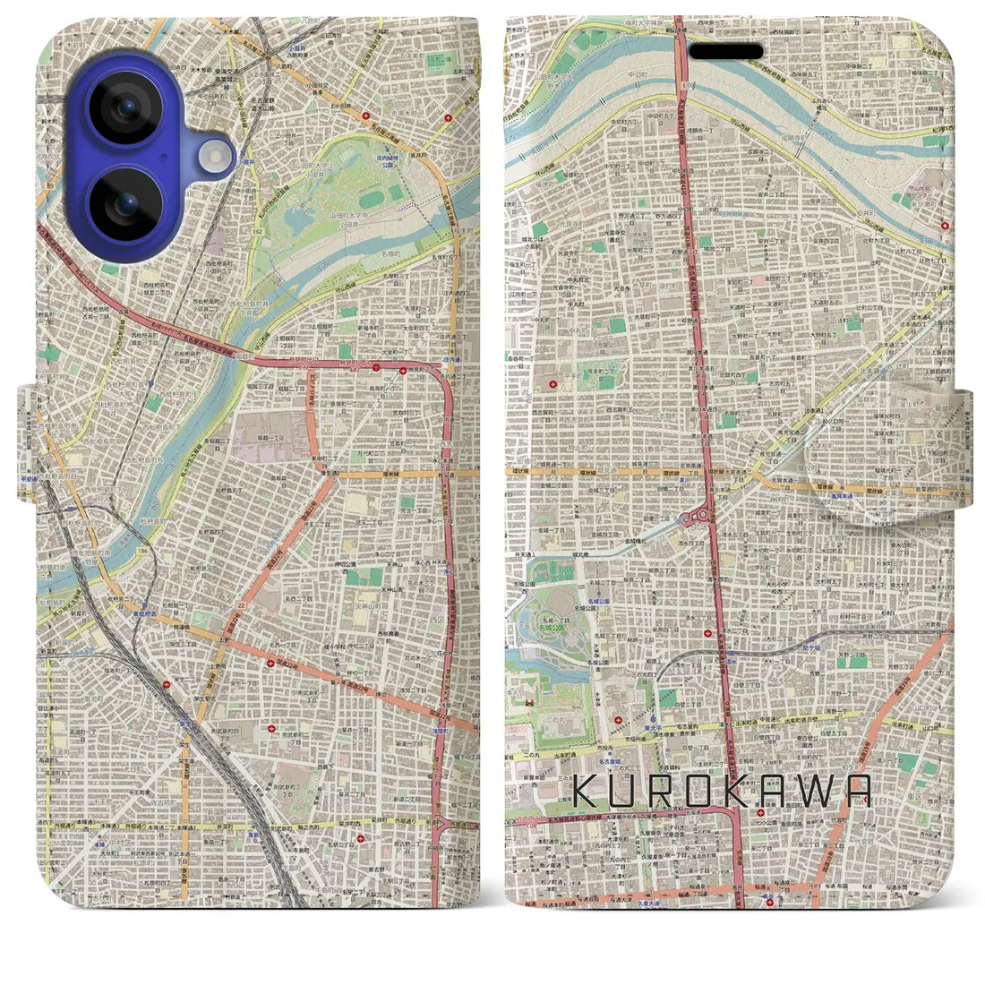 【黒川（愛知県）】地図柄iPhoneケース（手帳タイプ）モノトーン・iPhone 16 Pro Max 用