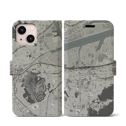 【黒崎（福岡県）】地図柄iPhoneケース（手帳タイプ）モノトーン・iPhone 13 mini 用