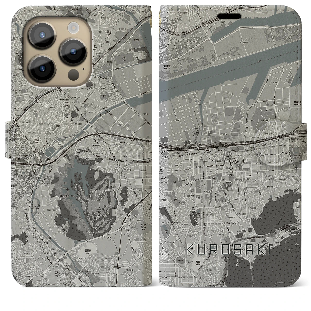 【黒崎】地図柄iPhoneケース（手帳両面タイプ・モノトーン）iPhone 14 Pro Max 用