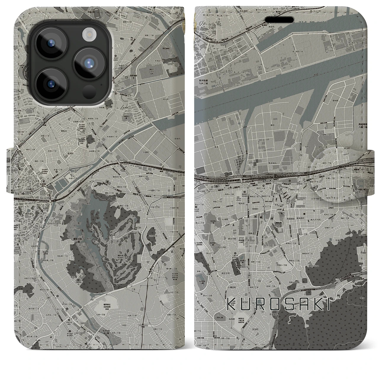 【黒崎】地図柄iPhoneケース（手帳両面タイプ・モノトーン）iPhone 15 Pro Max 用
