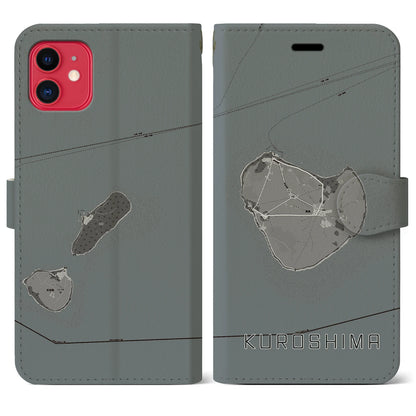 【黒島（沖縄県）】地図柄iPhoneケース（手帳タイプ）モノトーン・iPhone 11 用