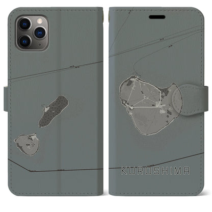 【黒島（沖縄県）】地図柄iPhoneケース（手帳タイプ）モノトーン・iPhone 11 Pro Max 用