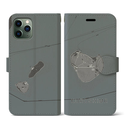 【黒島（沖縄県）】地図柄iPhoneケース（手帳タイプ）モノトーン・iPhone 11 Pro 用