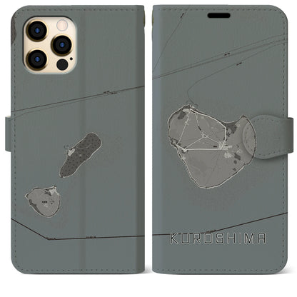 【黒島（沖縄県）】地図柄iPhoneケース（手帳タイプ）モノトーン・iPhone 12 Pro Max 用