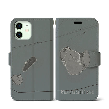 【黒島（沖縄県）】地図柄iPhoneケース（手帳タイプ）モノトーン・iPhone 12 mini 用