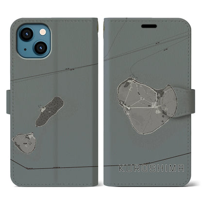 【黒島（沖縄県）】地図柄iPhoneケース（手帳タイプ）モノトーン・iPhone 13 用