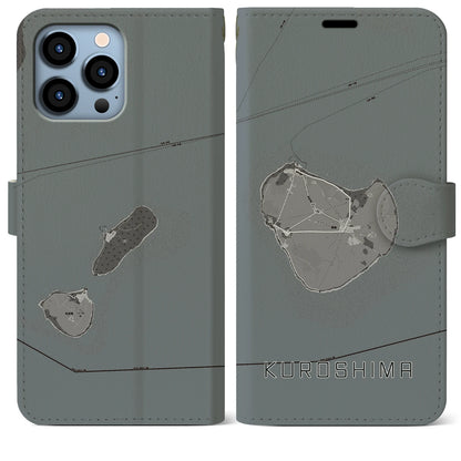 【黒島（沖縄県）】地図柄iPhoneケース（手帳タイプ）モノトーン・iPhone 13 Pro Max 用