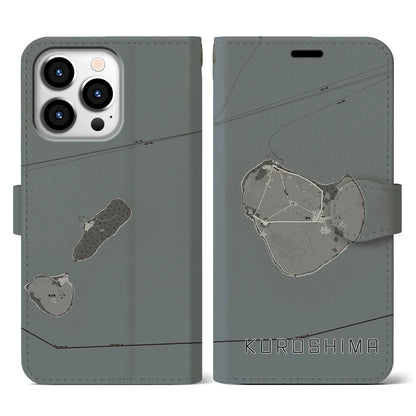 【黒島（沖縄県）】地図柄iPhoneケース（手帳タイプ）モノトーン・iPhone 13 Pro 用