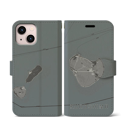 【黒島（沖縄県）】地図柄iPhoneケース（手帳タイプ）モノトーン・iPhone 13 mini 用