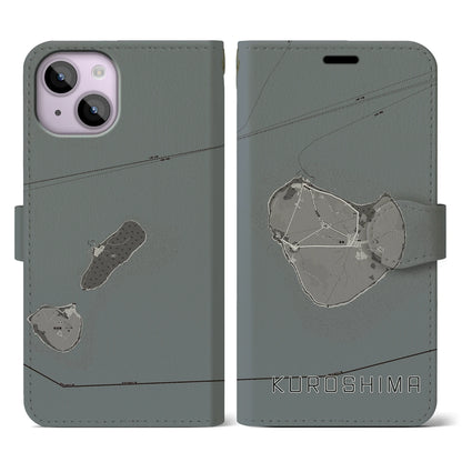 【黒島（沖縄県）】地図柄iPhoneケース（手帳タイプ）モノトーン・iPhone 14 用