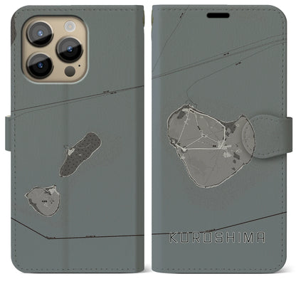 【黒島（沖縄県）】地図柄iPhoneケース（手帳タイプ）モノトーン・iPhone 14 Pro Max 用