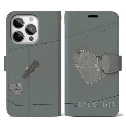 【黒島（沖縄県）】地図柄iPhoneケース（手帳タイプ）モノトーン・iPhone 14 Pro 用