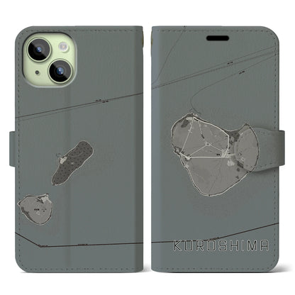 【黒島（沖縄県）】地図柄iPhoneケース（手帳タイプ）モノトーン・iPhone 15 用