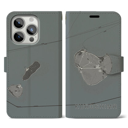 【黒島（沖縄県）】地図柄iPhoneケース（手帳タイプ）モノトーン・iPhone 15 Pro 用