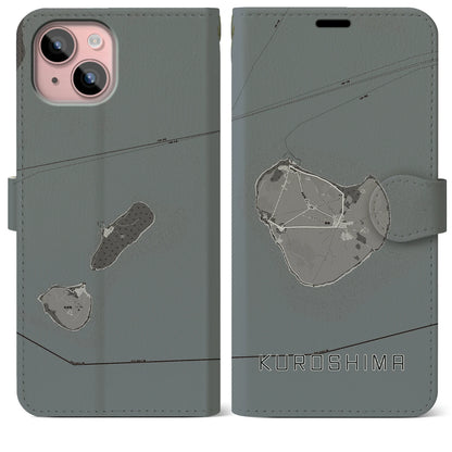 【黒島（沖縄県）】地図柄iPhoneケース（手帳タイプ）モノトーン・iPhone 15 Plus 用