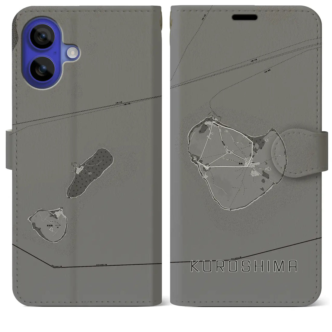 【黒島(沖縄県)】地図柄iPhoneケース(手帳タイプ)モノトーン・iPhone 16 Pro Max 用