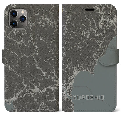 【黒潮（高知県）】地図柄iPhoneケース（手帳タイプ）モノトーン・iPhone 11 Pro Max 用