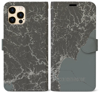 【黒潮（高知県）】地図柄iPhoneケース（手帳タイプ）モノトーン・iPhone 12 Pro Max 用