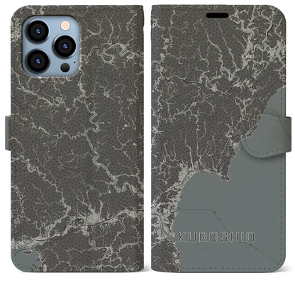 【黒潮（高知県）】地図柄iPhoneケース（手帳タイプ）モノトーン・iPhone 13 Pro Max 用