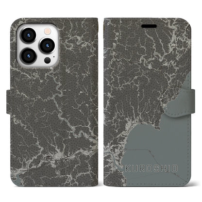 【黒潮（高知県）】地図柄iPhoneケース（手帳タイプ）モノトーン・iPhone 13 Pro 用