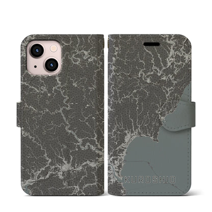 【黒潮（高知県）】地図柄iPhoneケース（手帳タイプ）モノトーン・iPhone 13 mini 用