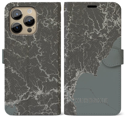 【黒潮（高知県）】地図柄iPhoneケース（手帳タイプ）モノトーン・iPhone 14 Pro Max 用