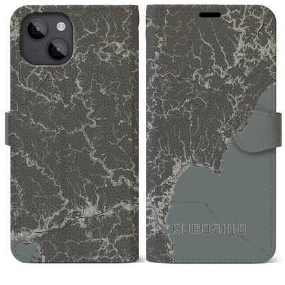 【黒潮（高知県）】地図柄iPhoneケース（手帳タイプ）モノトーン・iPhone 14 Plus 用