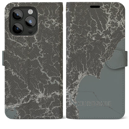 【黒潮（高知県）】地図柄iPhoneケース（手帳タイプ）モノトーン・iPhone 15 Pro Max 用