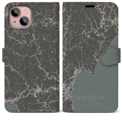 【黒潮（高知県）】地図柄iPhoneケース（手帳タイプ）モノトーン・iPhone 15 Plus 用