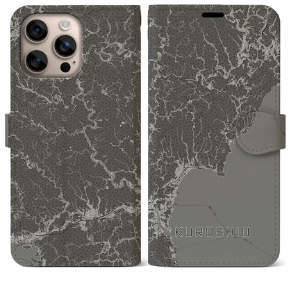 【黒潮（高知県）】地図柄iPhoneケース（手帳タイプ）モノトーン・iPhone 16 Plus 用