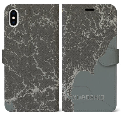 【黒潮（高知県）】地図柄iPhoneケース（手帳タイプ）モノトーン・iPhone XS Max 用