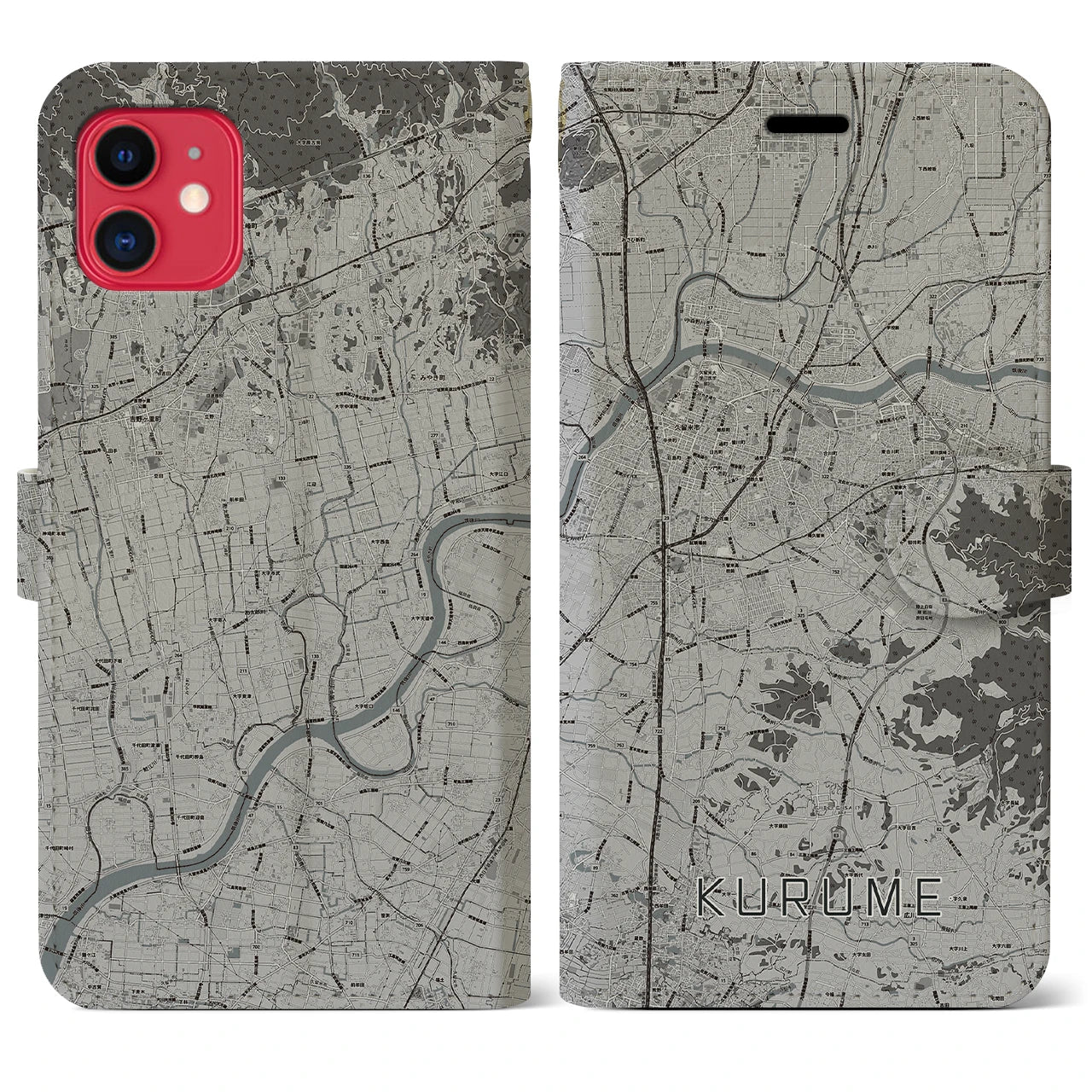 【久留米】地図柄iPhoneケース（手帳両面タイプ・モノトーン）iPhone 11 用
