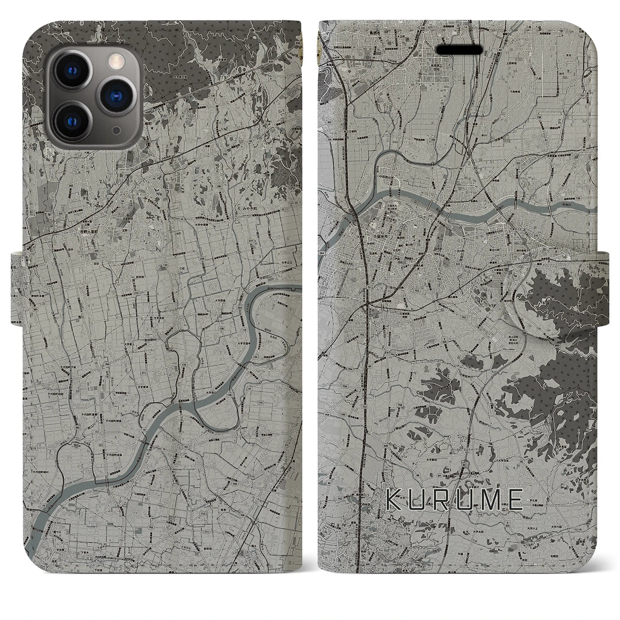 【久留米】地図柄iPhoneケース（手帳両面タイプ・モノトーン）iPhone 11 Pro Max 用
