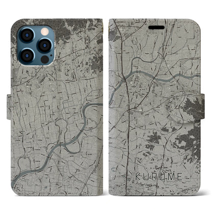 【久留米（福岡県）】地図柄iPhoneケース（手帳タイプ）モノトーン・iPhone 12 / 12 Pro 用