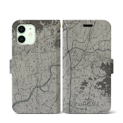 【久留米（福岡県）】地図柄iPhoneケース（手帳タイプ）モノトーン・iPhone 12 mini 用