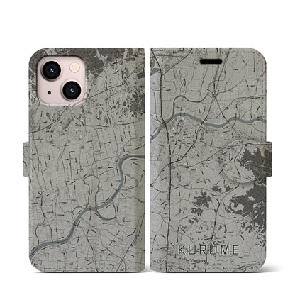 【久留米（福岡県）】地図柄iPhoneケース（手帳タイプ）モノトーン・iPhone 13 mini 用
