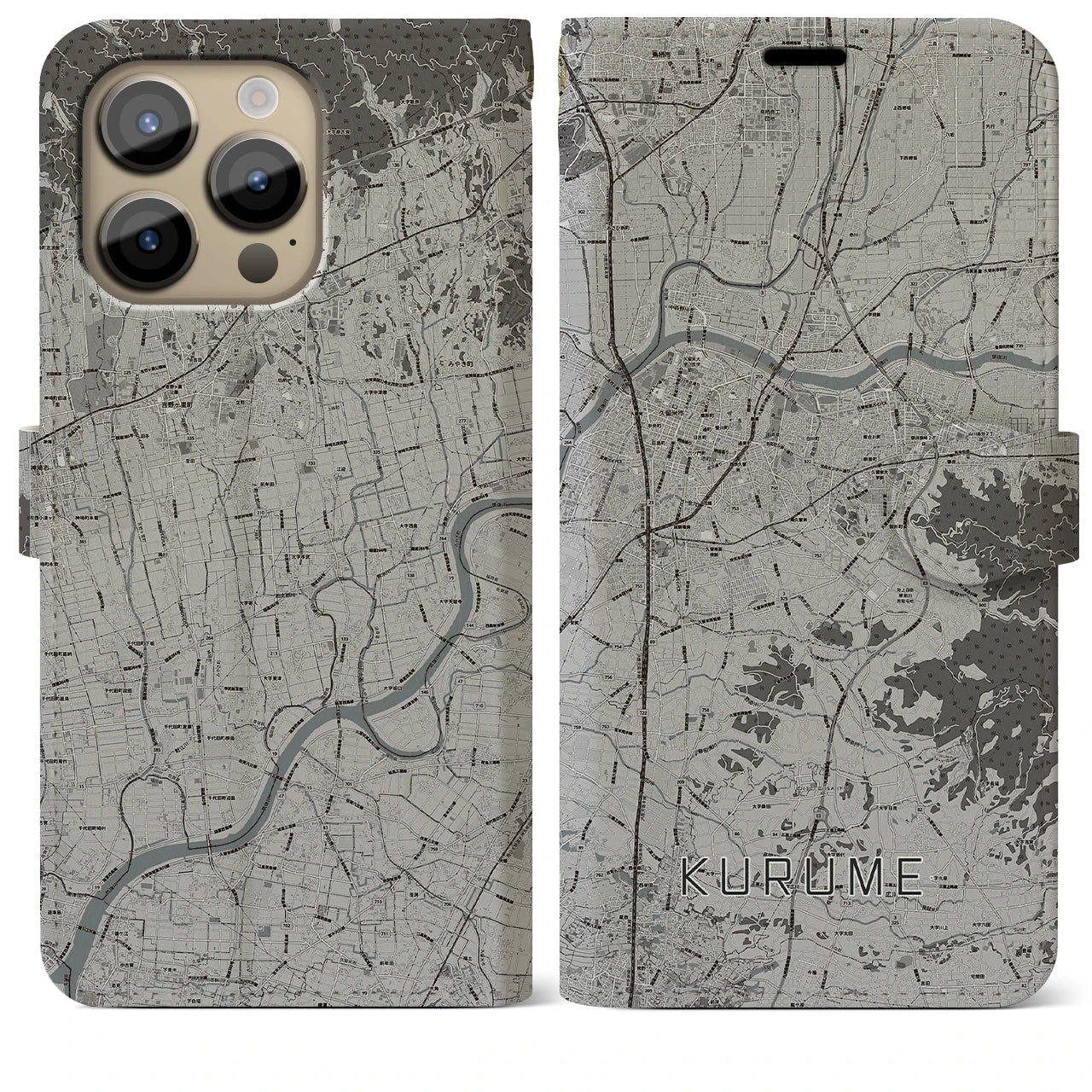 【久留米】地図柄iPhoneケース（手帳両面タイプ・モノトーン）iPhone 14 Pro Max 用