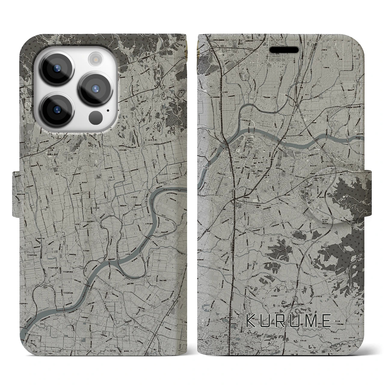 【久留米】地図柄iPhoneケース（手帳両面タイプ・モノトーン）iPhone 14 Pro 用