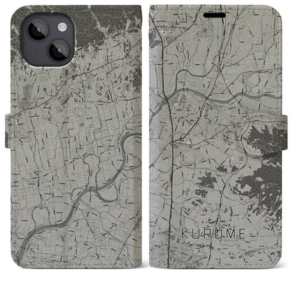 【久留米（福岡県）】地図柄iPhoneケース（手帳タイプ）モノトーン・iPhone 14 Plus 用