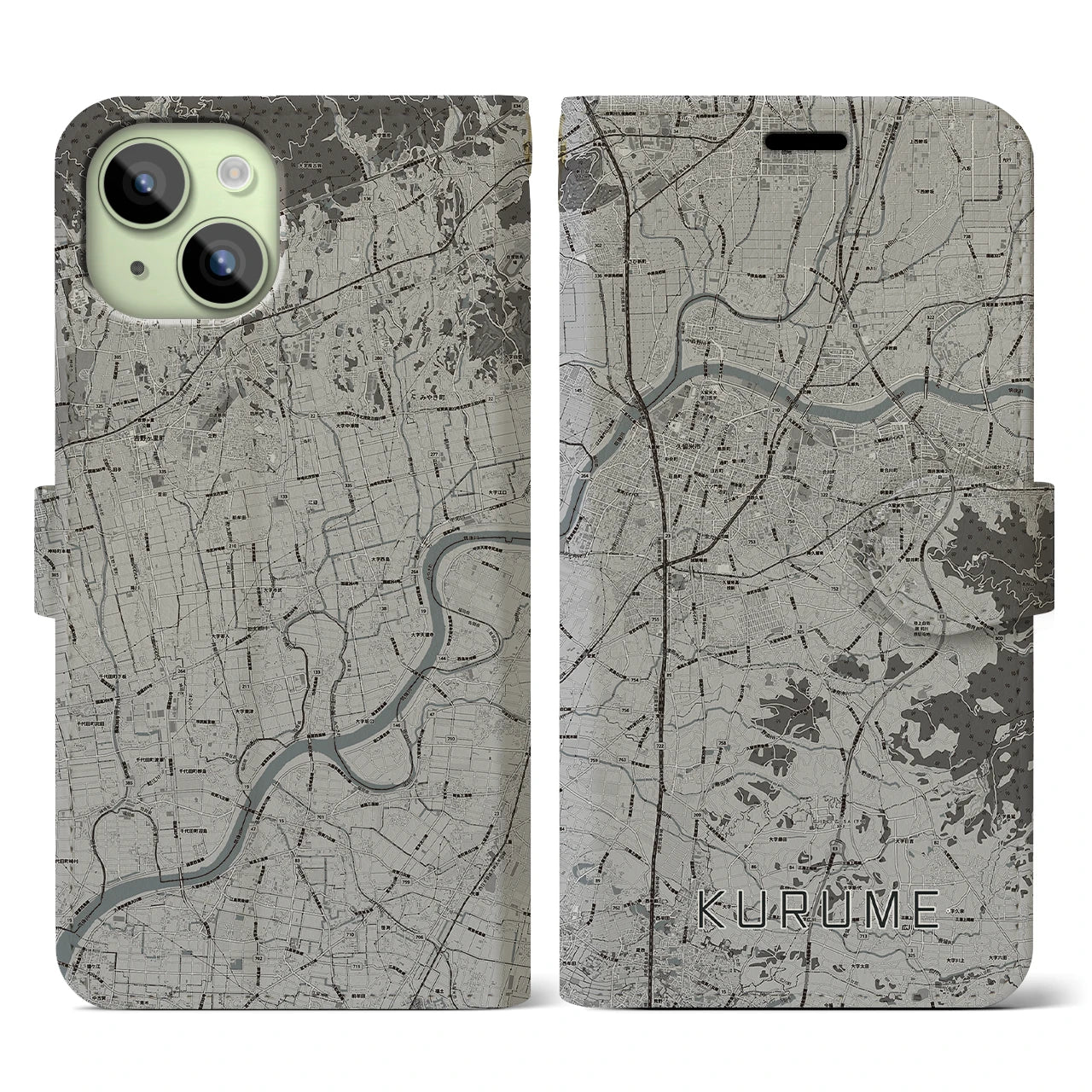 【久留米】地図柄iPhoneケース（手帳両面タイプ・モノトーン）iPhone 15 用