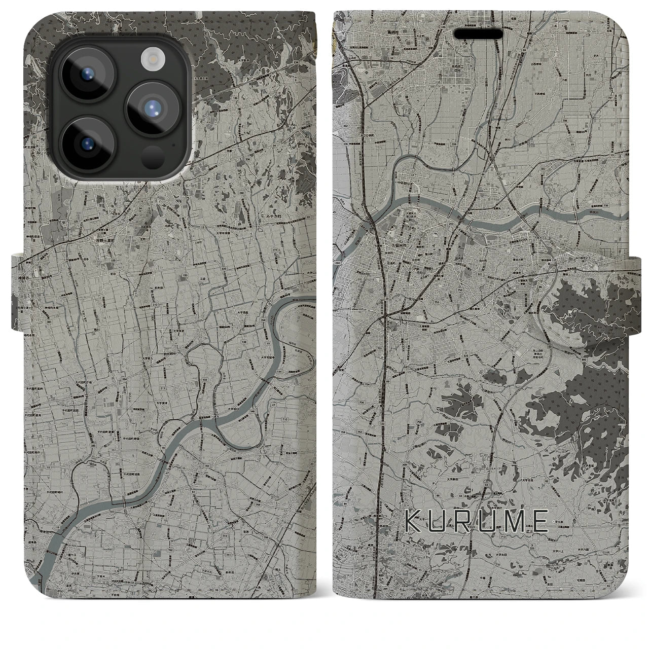 【久留米】地図柄iPhoneケース（手帳両面タイプ・モノトーン）iPhone 15 Pro Max 用