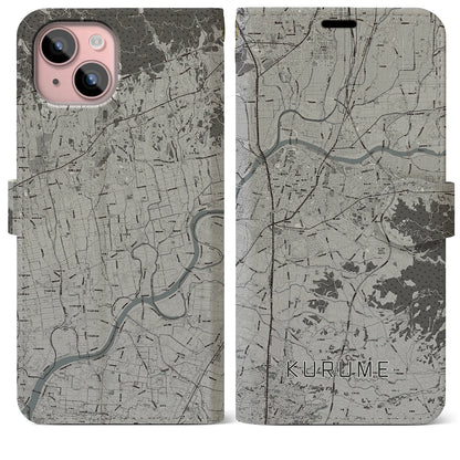 【久留米（福岡県）】地図柄iPhoneケース（手帳タイプ）モノトーン・iPhone 15 Plus 用