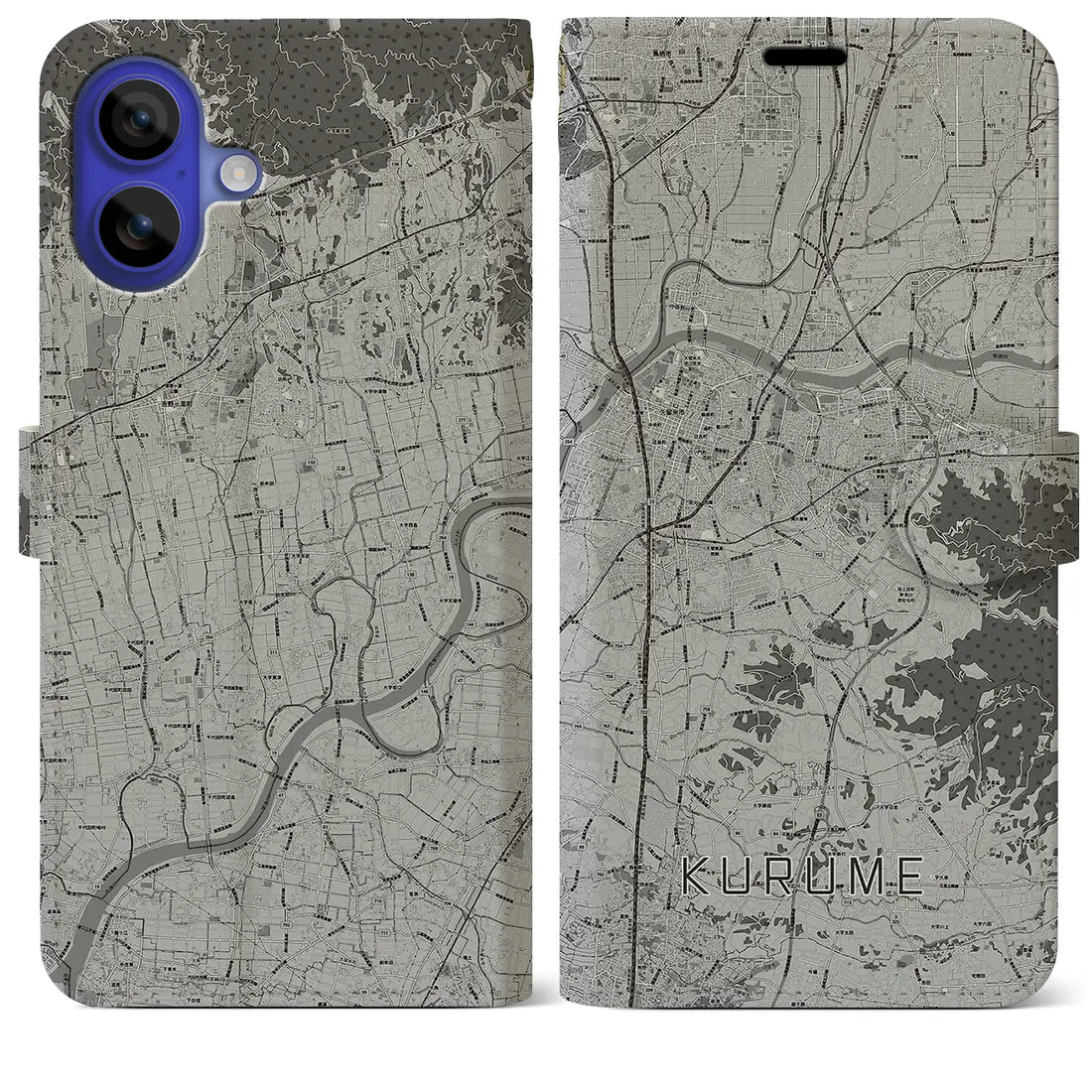 【久留米(福岡県)】地図柄iPhoneケース(手帳タイプ)モノトーン・iPhone 16 Pro Max 用