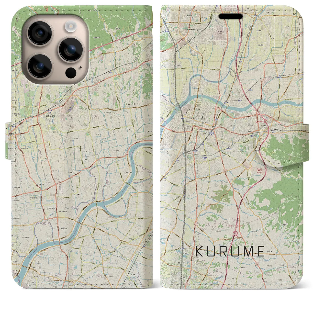 【久留米（福岡県）】地図柄iPhoneケース（手帳タイプ）ナチュラル・iPhone 16 Plus 用