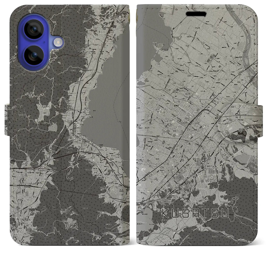 【草津(滋賀県)】地図柄iPhoneケース(手帳タイプ)モノトーン・iPhone 16 Pro Max 用