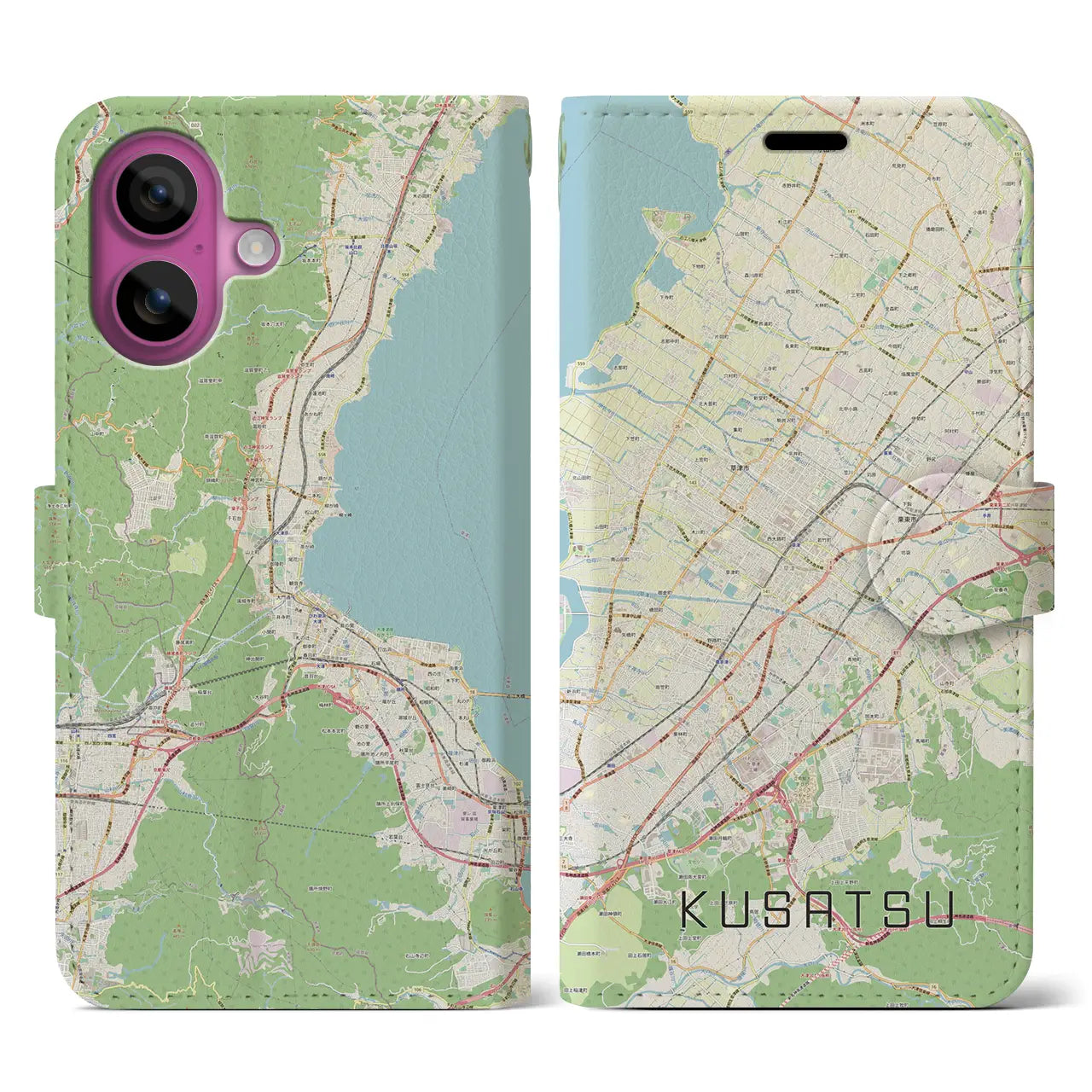 【草津（滋賀県）】地図柄iPhoneケース（手帳タイプ）ナチュラル・iPhone 16 Pro 用