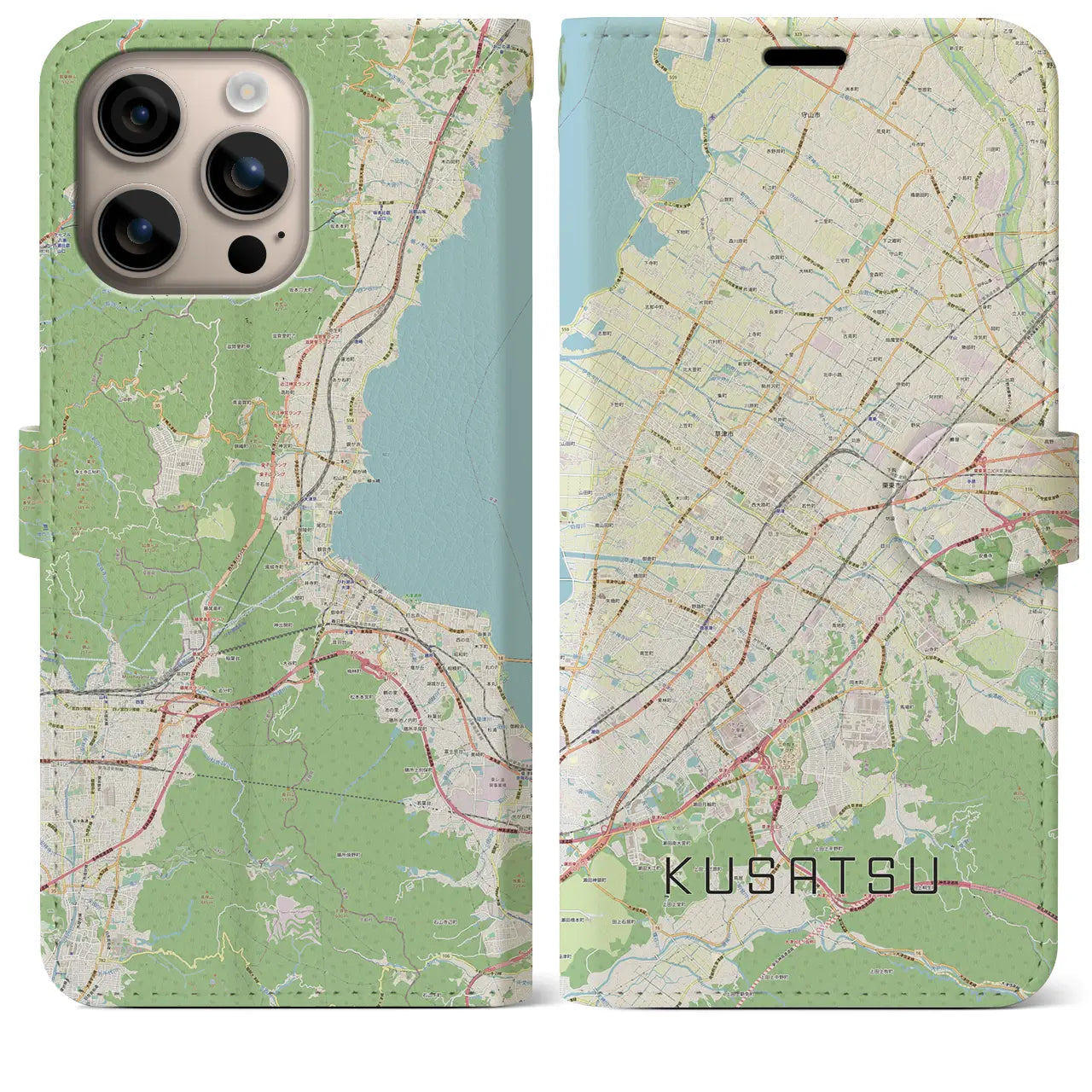 【草津（滋賀県）】地図柄iPhoneケース（手帳タイプ）ナチュラル・iPhone 16 Plus 用